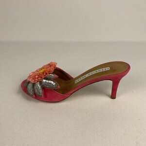 Veronica Beard Pink Sequined Flower Suede Mules - Chic Open-Toe Heels Size 6